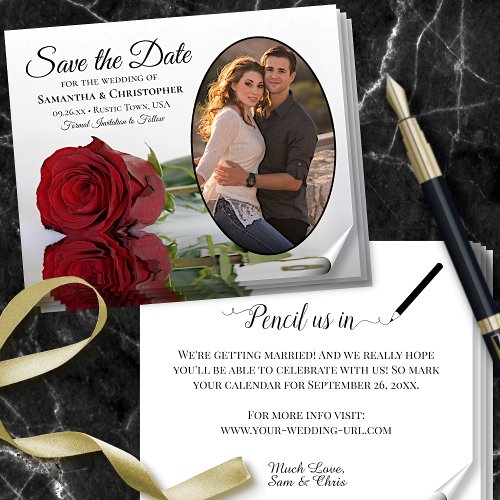 Red Rose Oval Photo BUDGET Wedding Save The Date Flyer