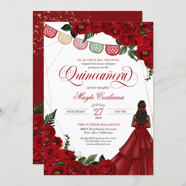 Red Rose & Papel Picado Quinceañera 15th Birthday  Invitation (Front/Back)