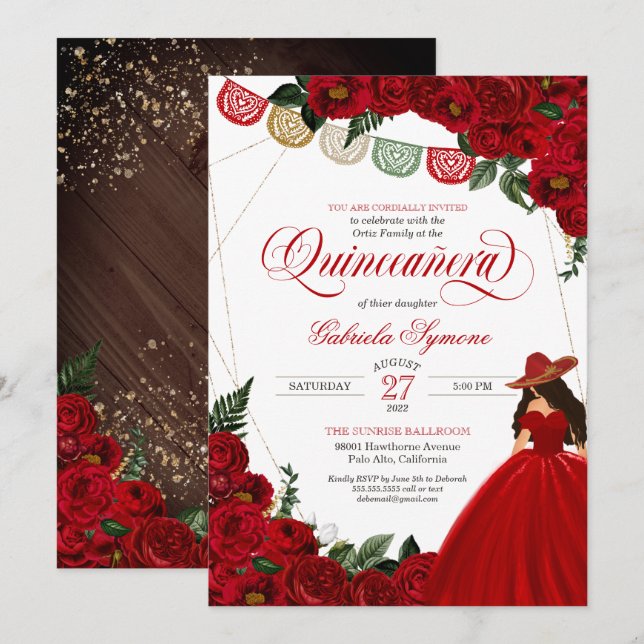 Red Rose Papel Picado Western Charra Quinceañera Invitation (Front/Back)