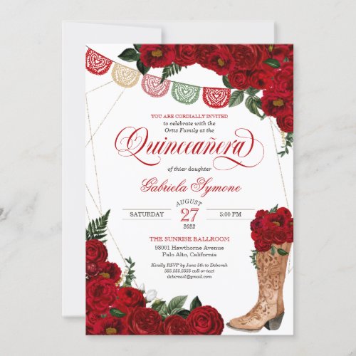 Red Rose Papel Picado Western Charro Quinceaera Invitation