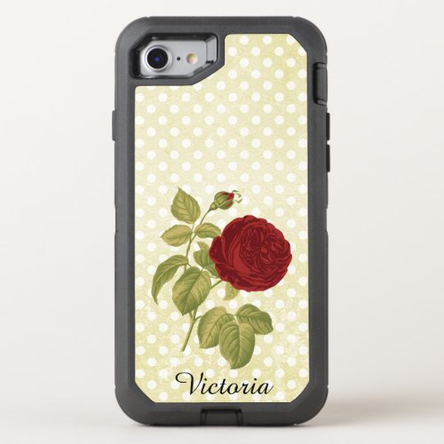 Red Rose Parchment Polka Dots Antique Name OtterBox Defender iPhone SE87 Case