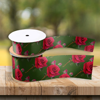 Red Rose Pattern Green Wedding Ribbon