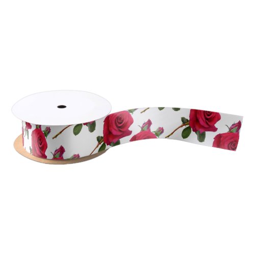 Red Rose Pattern White Wedding Ribbon