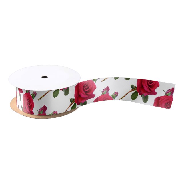 Red Rose Pattern White Wedding Ribbon (Spool)