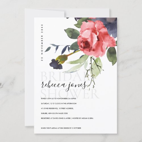 RED ROSE PEONY EUCALYPTUS FLORAL BRIDAL SHOWER ANNOUNCEMENT