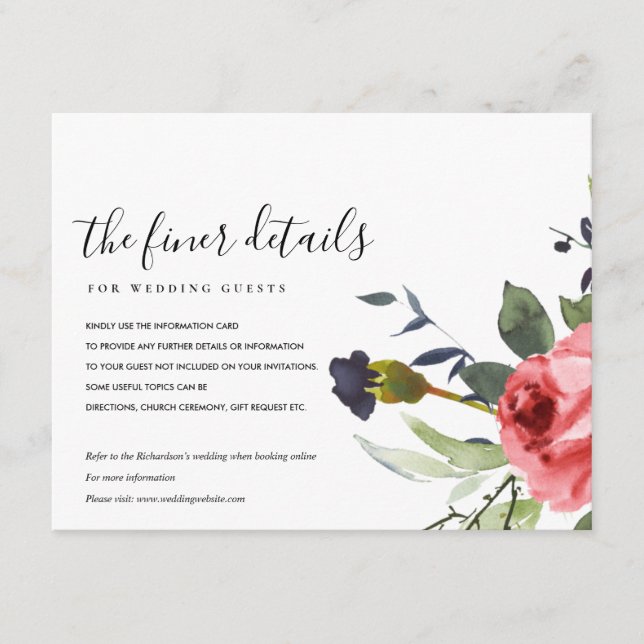 RED ROSE PEONY EUCALYPTUS FLORAL WEDDING DETAILS ENCLOSURE CARD (Front)