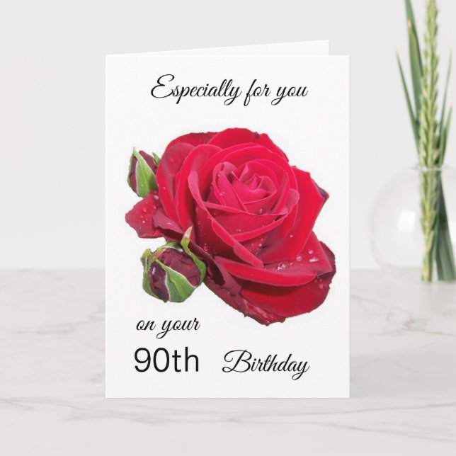 Red Rose Personalised 90th Birthday Card (Front)