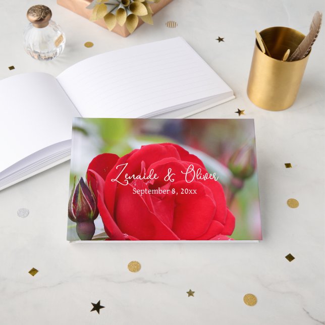 Red Rose Personalized Wedding / Event Guest Book (Front Open)