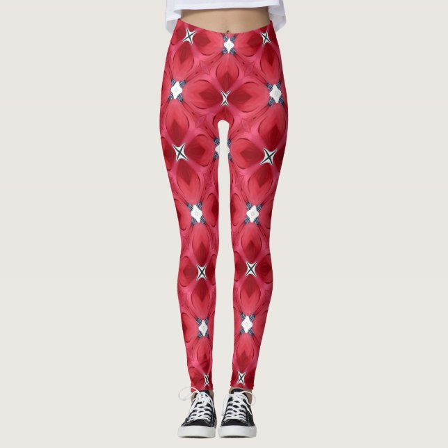 Red Rose Petals Diamond Pattern Leggings (Front)