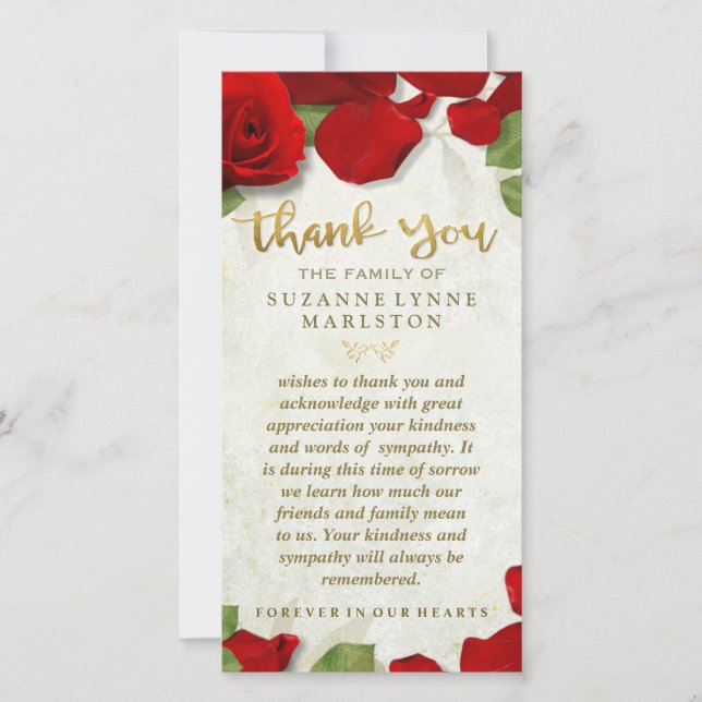 Red Rose Petals Golden Thank You Sympathy Family Card (Front)