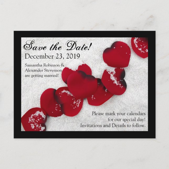 Red Rose Petals in Snow, Winter Wedding Announcement Postcard (Front)