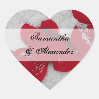 Red Rose Petals in Snow, Winter Wedding Heart Sticker