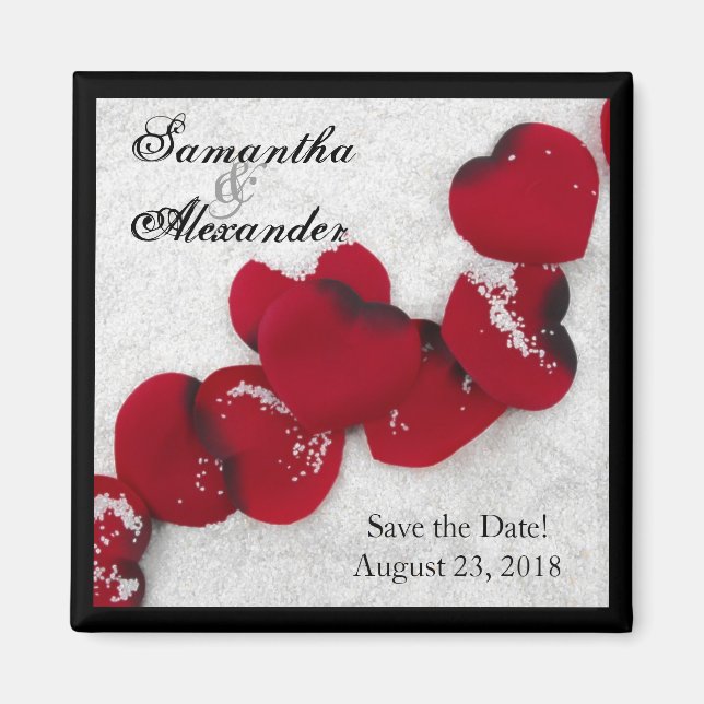 Red Rose Petals in Snow, Winter Wedding Magnet (Front)