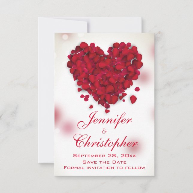 Red Rose Petals Love Heart Save the Date (Front)