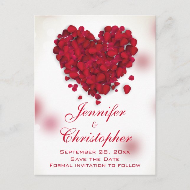 Red Rose Petals Love Heart Save the Date Announcement Postcard (Front)
