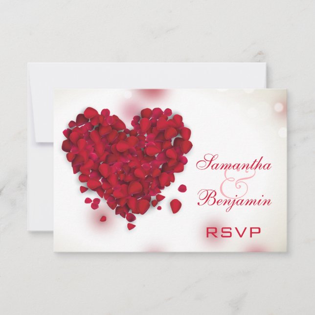 Red Rose Petals Love Heart Wedding RSVP (Front)