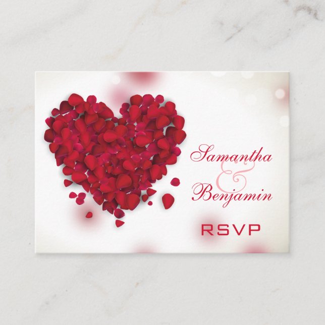 Red Rose Petals Love Heart Wedding RSVP Enclosure Card (Front)