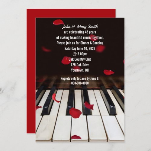 Red Rose Petals on Piano 45th Anniversary Invitation