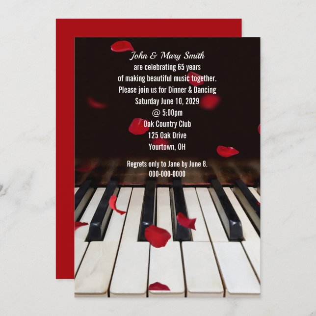 Red Rose Petals on Piano 65th Anniversary Invitation (Front/Back)