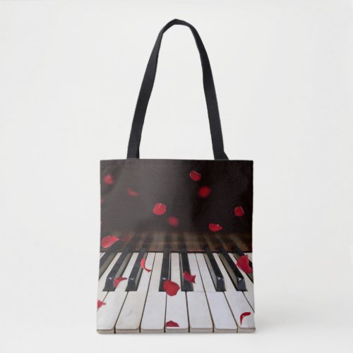 Red Rose Petals on Piano Tote Bag