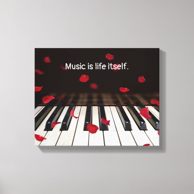 Red Rose Petals On Piano With Quote Canvas Print (Front)