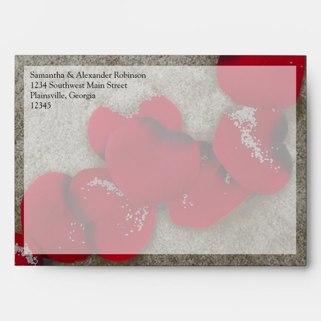 Red Rose Petals on Sand Beach Wedding Envelope (Front)