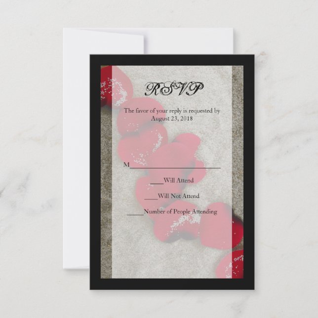 Red Rose Petals on Sand Beach Wedding RSVP (Front)