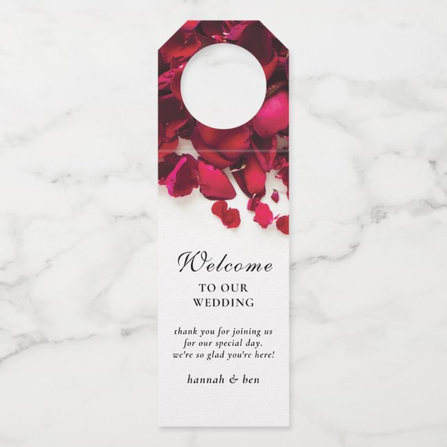 Red Rose Petals Personalized Wedding Bottle Hanger Tag (Front)