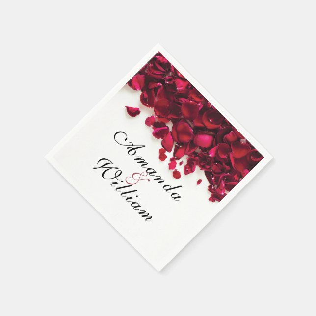 Red Rose Petals Personalized Wedding Napkins (Corner)