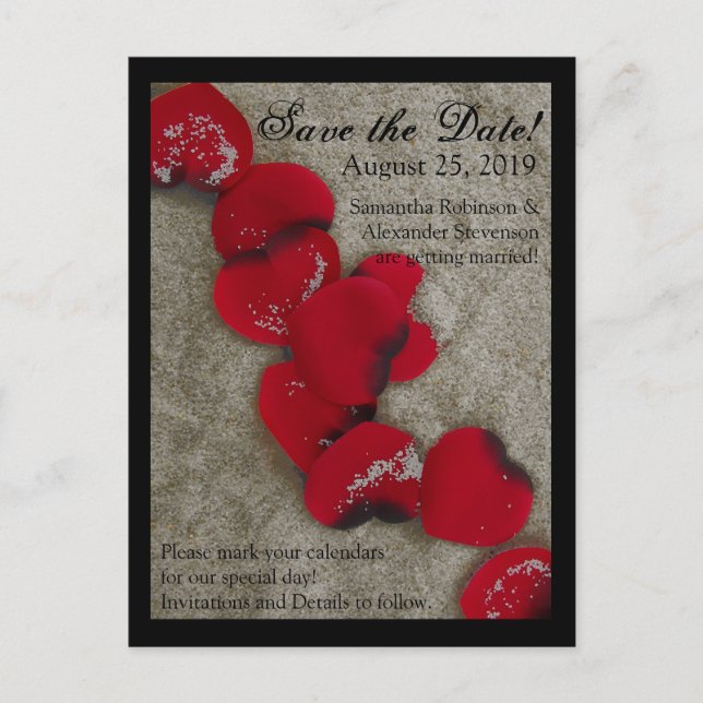Red Rose Petals Sand Beach Wedding Save the Date Announcement Postcard (Front)