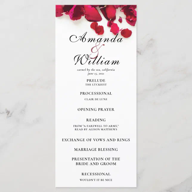 Red Rose Petals Wedding Ceremony Program | Zazzle