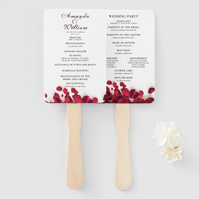 Red Rose petals Wedding Ceremony Program Hand Fan (Front and Back)