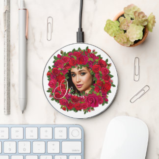 Red Rose Photo Design With Custom Text Wireless Charger