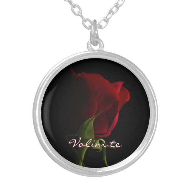 Red Rose Photo Necklace-Volim te Silver Plated Necklace (Front)