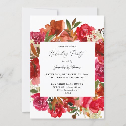 Red Rose  Pink Floral 1 Holiday Party Invitation