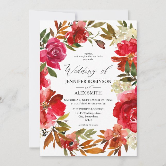 Red Rose & Pink Floral 2 Wedding Invitation (Front)