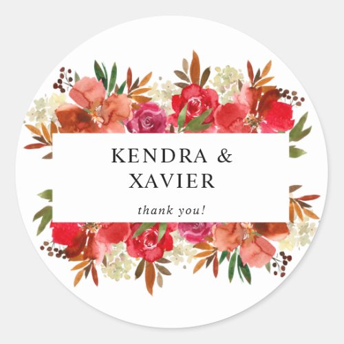 Red Rose  Pink Floral Thank You Classic Round Sti Classic Round Sticker