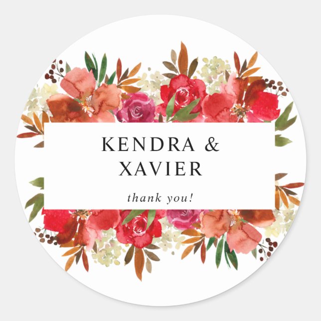 Red Rose & Pink Floral Thank You Classic Round Sti Classic Round Sticker (Front)