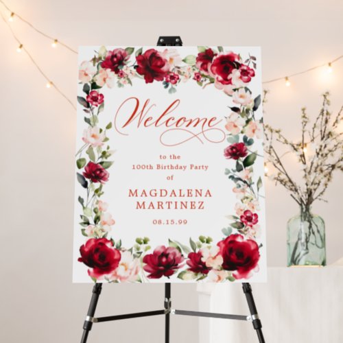 Red Rose Pink Peony 100th Birthday Welcome  Foam Board