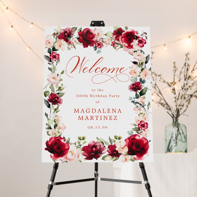 Red Rose Pink Peony 100th Birthday Welcome  Foam Board (In Situ (Stand))