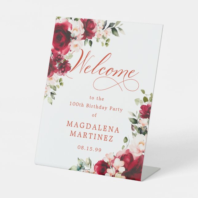 Red Rose Pink Peony 100th Birthday Welcome  Pedestal Sign (Front)