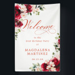 Red Rose Pink Peony 21st Birthday Welcome Banner<br><div class="desc">Welcome guests to your birthday party with this elegant floral design. Two lush red and white floral arrangements are placed in diagonal corners. Welcome is written in a large trending font. The remainder of the text is a classic upright font and very easy to customize. This item is part of...</div>