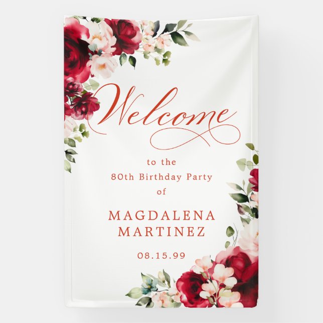 Red Rose Pink Peony 80th Birthday Welcome Banner (Vertical)