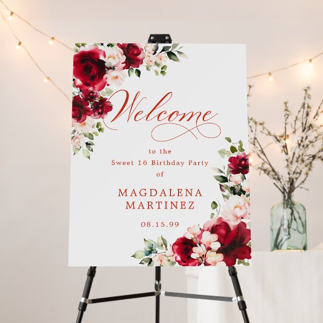 Red Rose Pink Peony Floral Sweet  16 Welcome Foam Board (In Situ (Stand))
