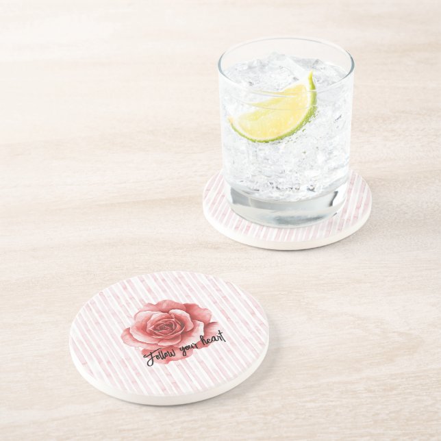 Red Rose Pink Stripes Coaster (Side)