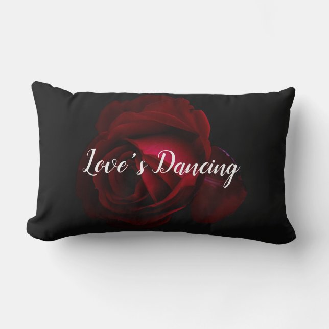 Red, rose print lumbar pillow (Front)