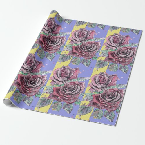 Red Rose Purple Spring flowers Watercolor Wrapping Paper
