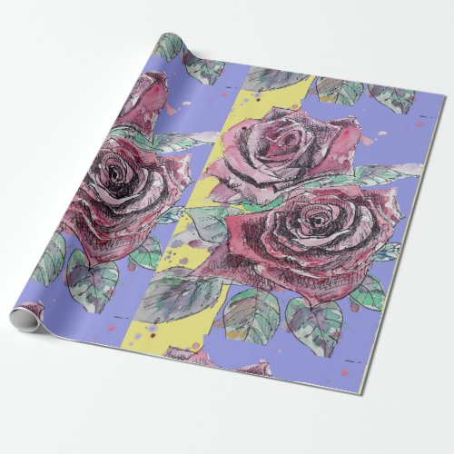 Red Rose Purple Spring flowers Watercolor Wrapping Wrapping Paper