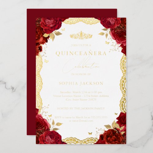 Red Rose Quinceanera Gold Lace Birthday Foil Invitation