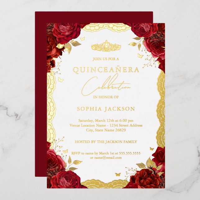 Red Rose Quinceanera Gold Lace Birthday Foil Invitation (Front/Back)